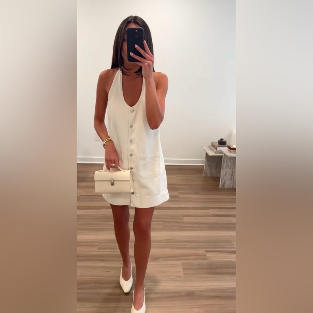 Reformation Brittany Denim Halter Mini Dress in Fior Di Latte